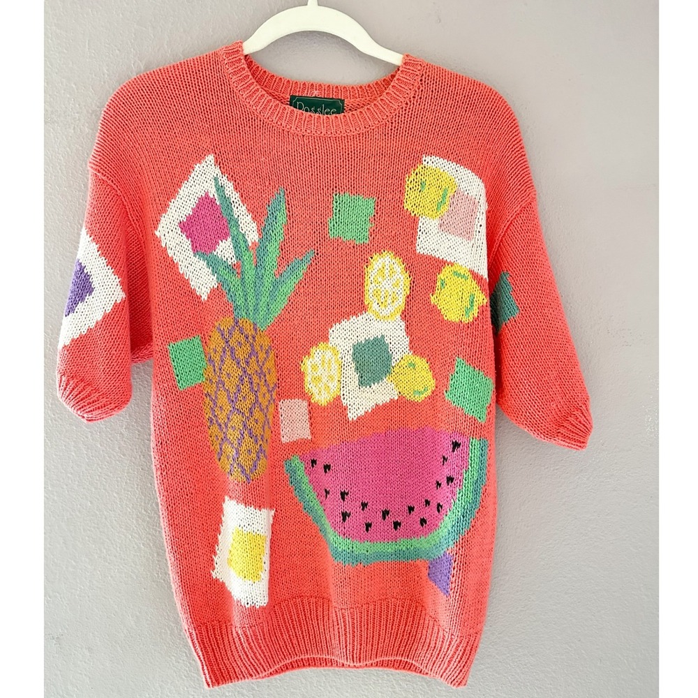 Rosslee Vintage Fruit Print Knit‎ Sweater Coral Pink Ramie Cotton Blend Medium